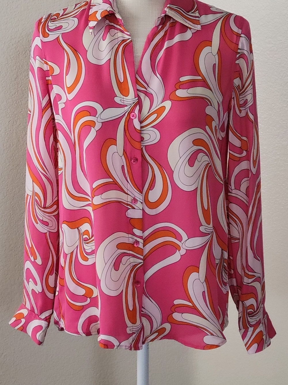 L'AGENCE Nina Silk Blouse Extra Small Pink Orange Abstract Swirl Button Up XS